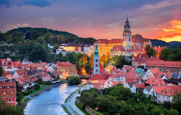 Закат, река, здания, дома, Чехия, Czech Republic, Vltava River, Český Krumlov