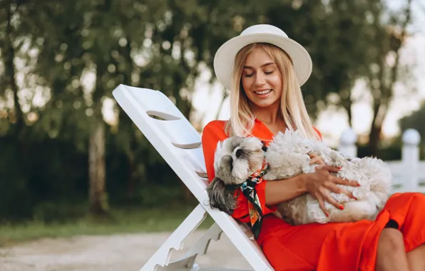 Девушка, природа, поза, улыбка, парк, отдых, собака, кресло