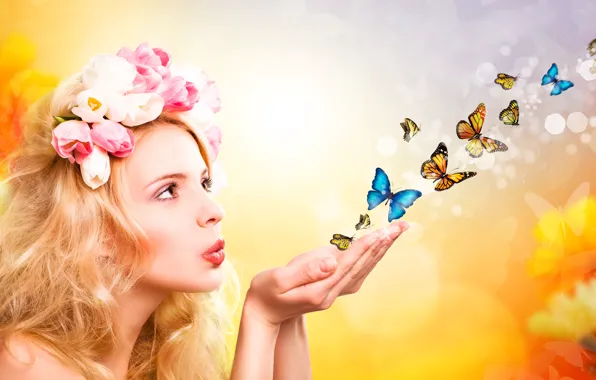 Картинка девушка, бабочки, цветы, ладони, летят