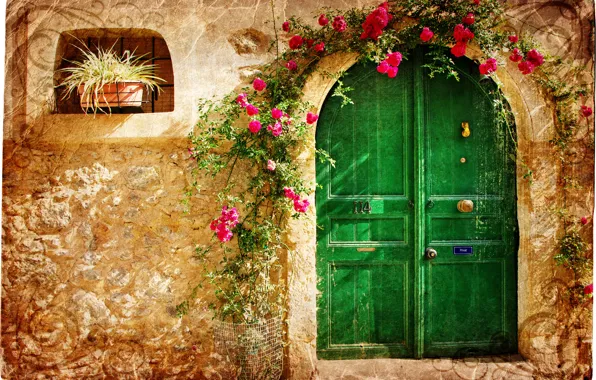 Картинка цветы, город, узор, дверь, старый, домик, каменный, Vintage loveliness