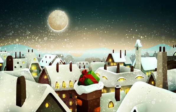 Снег, город, подарок, окна, дома, Зима, Луна