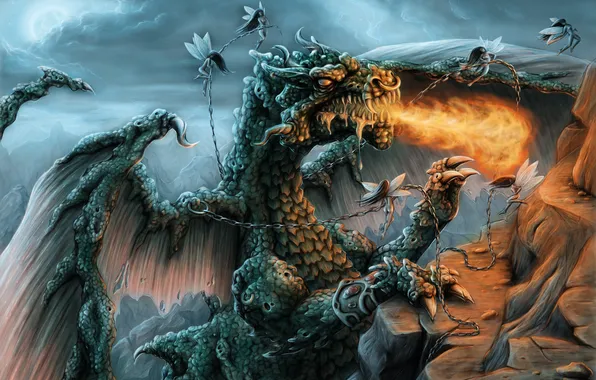 Картинка fire, mountain, dragon, Angels, chains