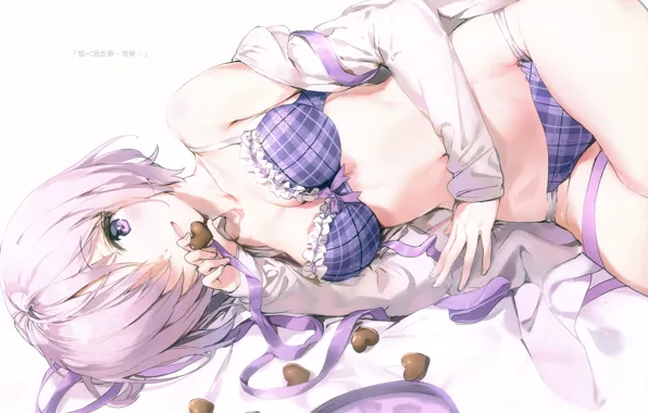 Лента, на боку, нижнее бельё, белые волосы, шоколадные конфеты, fate grand order, Shielder (Fate/Grand Order), …