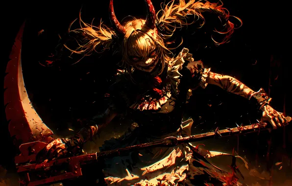 Demon, girl, blood, game, anime, blonde, assassin, asian