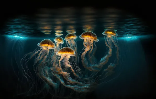 Картинка свечение, медузы, под водой, AI art, ИИ искусство