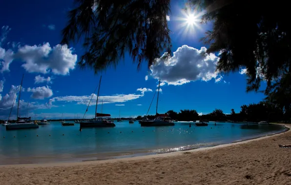 Пляж, океан, яхты, лодки, катера, лагуна, Маврикий, Mauritius