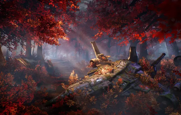 Осень, лес, деревья, корабль, арт, sci-fi