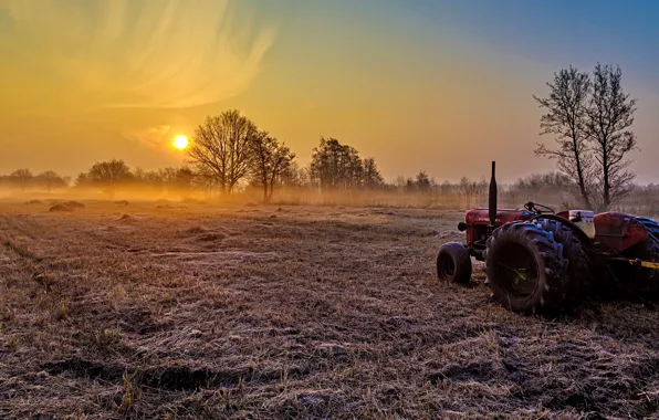 Картинка поле, свет, туман, утро, трактор