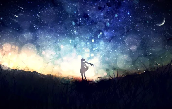 Девушка, ночь, природа, Hatsune Miku, Vocaloid, полумесяц