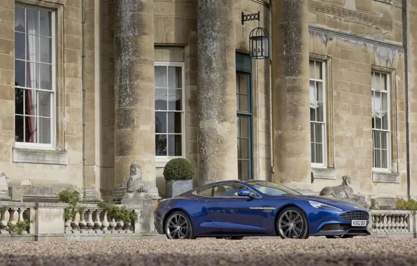 Aston Martin, Синий, Колеса, Здание, Автомобиль, Vanquish, Вид сбоку, AM310