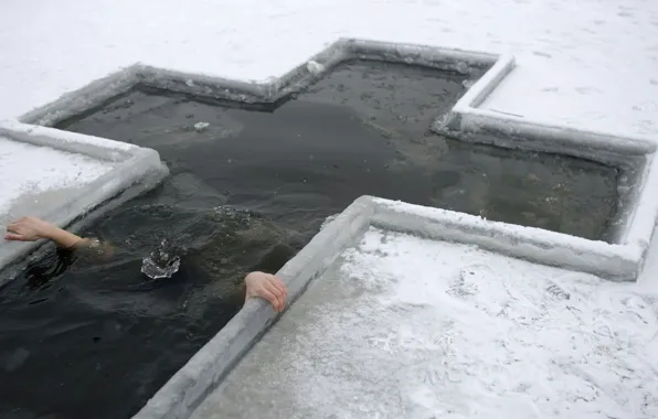 Лед, зима, праздник, крест, прорубь, купель, Крещенские купания