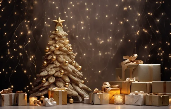 Картинка украшения, шары, елка, Новый Год, Рождество, подарки, golden, new year