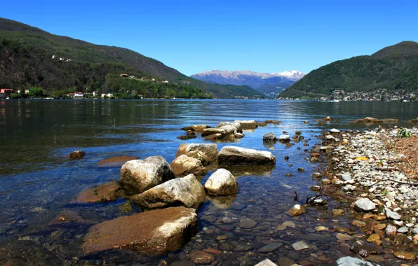 Картинка горы, озеро, камни, берег, Швейцария, Lugano