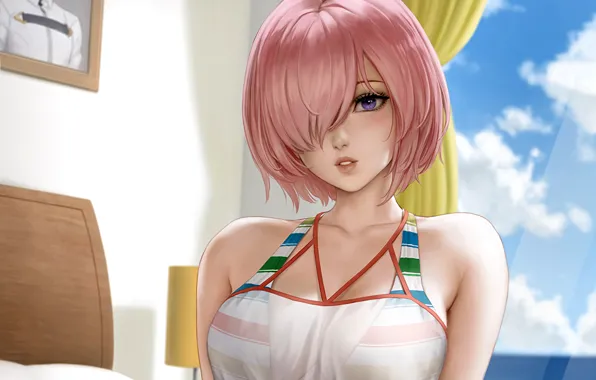 Girl, sexy, cleavage, blouse, pink hair, boobs, anime, beautiful