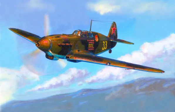 Картинка небо, война, истребитель, Арт, советский, поршневой, одномоторный, WW2