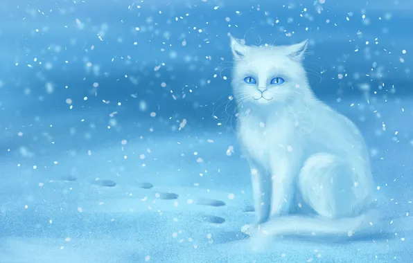 Картинка зима, кошка, снег, следы, арт, белая