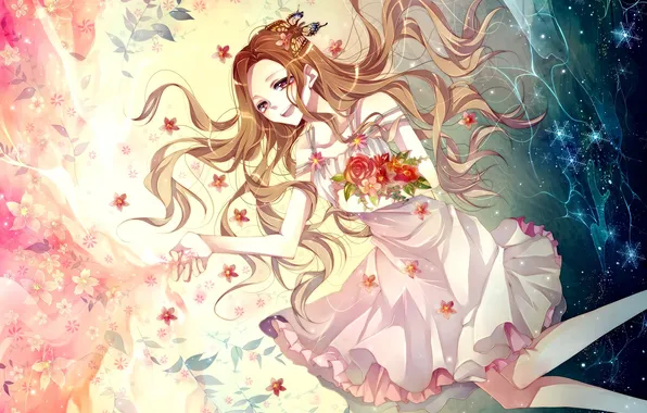 Картинка девушка, цветы, улыбка, настроение, art, tsukioka tsukiho