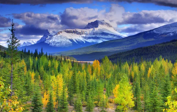 Картинка осень, лес, небо, снег, деревья, горы, озеро, канада