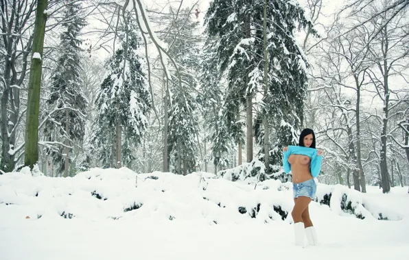 Грудь, снег, парк, Девушка