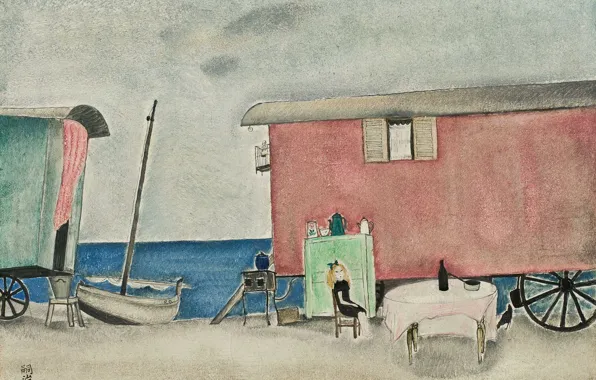 Картинка море, пляж, девушка, стол, лодка, рыжая, трейлер, Цыганский табор