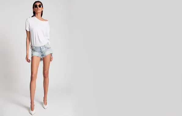 Girl, shorts, brunette, glasses, denim