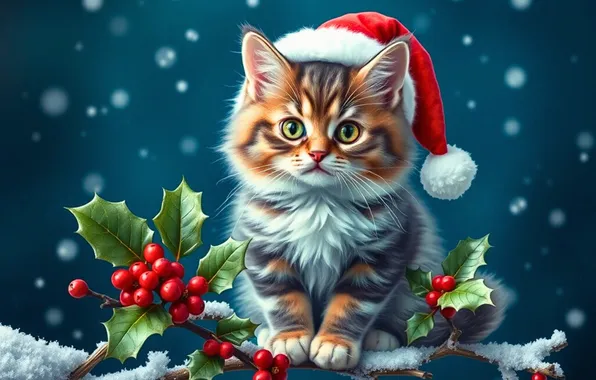 Кошка, взгляд, поза, котенок, Рождество, Новый год, мордашка, остролист
