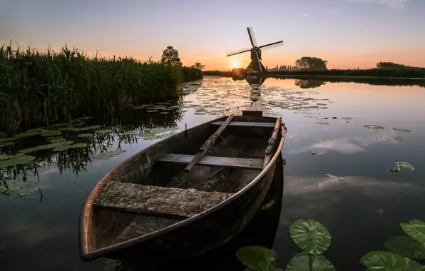 Картинка рассвет, лодка, утро, мельница, канал, Нидерланды, South Holland, Overslingeland