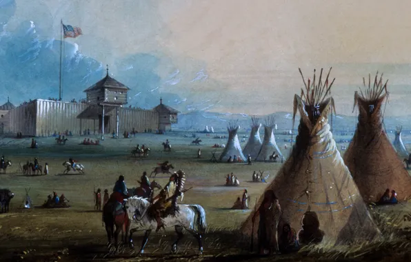Картина, graphics, живопись, painting, frontier outpost with several native american, tent sites in front