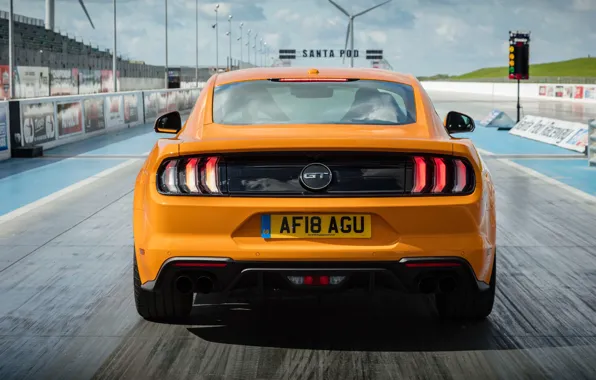 Оранжевый, Ford, вид сзади, Fastback, 2018, Mustang GT