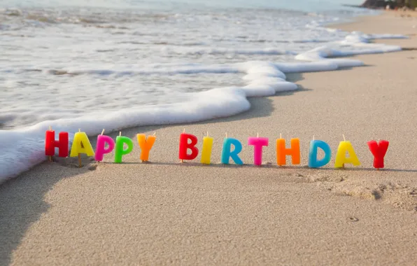 Картинка песок, море, пляж, свечи, colorful, beach, sea, Happy Birthday