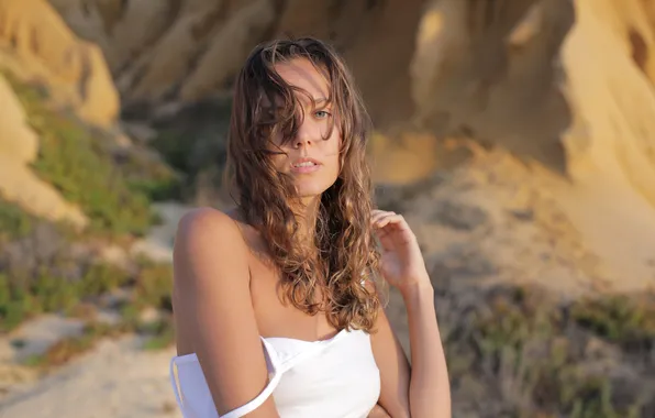 Model, Katya Clover, White Top, Windswept, Sensual Gaze, Woman Outside