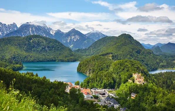 Лес, озеро, замок, Германия, Альпы, Хоэншвангау, Hohenschwangau Castle