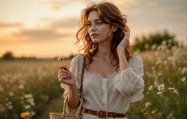Поле, лето, небо, взгляд, девушка, свет, цветы, природа