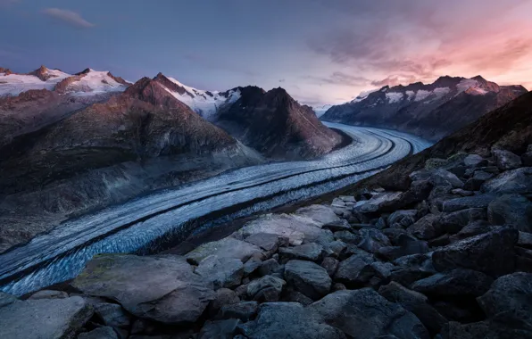 Картинка небо, снег, пейзаж, камни, скалы, Швейцария, ледник