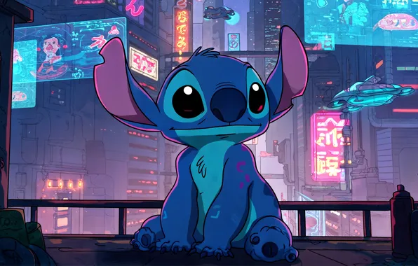 Ночь, инопланетянин, character, ночной город, alien, персонаж, Stitch, fantasy art
