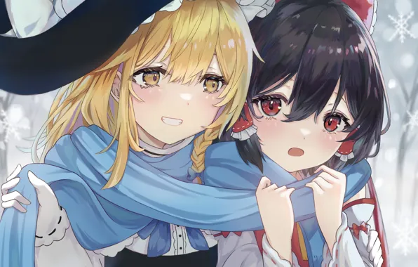 Зима, снег, девушки, Touhou Project, Marisa Kirisame, Reimu Hakurei