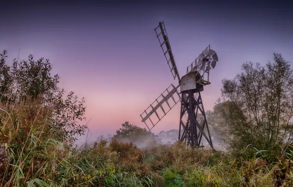 Картинка трава, пейзаж, природа, туман, рассвет, Англия, утро, мельница