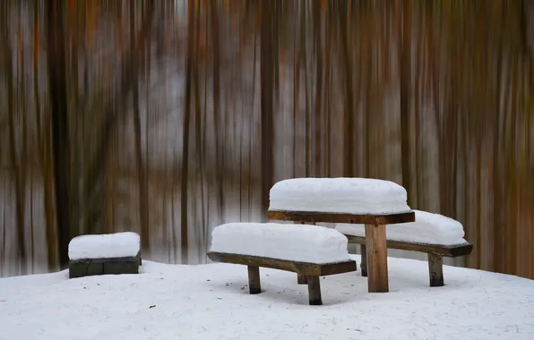 Картинка зима, снег, стол, скамья