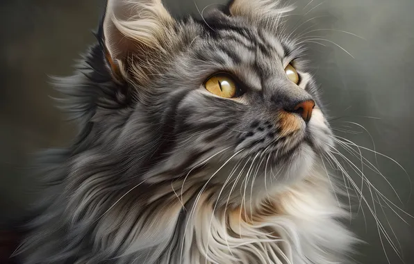 Кошка, кот, взгляд, поза, серый, портрет, мордашка, мейн-кун