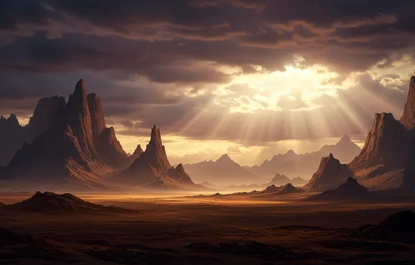 Небо, облака, пейзаж, горы, фантастика, арт, wallpaper, fantasy