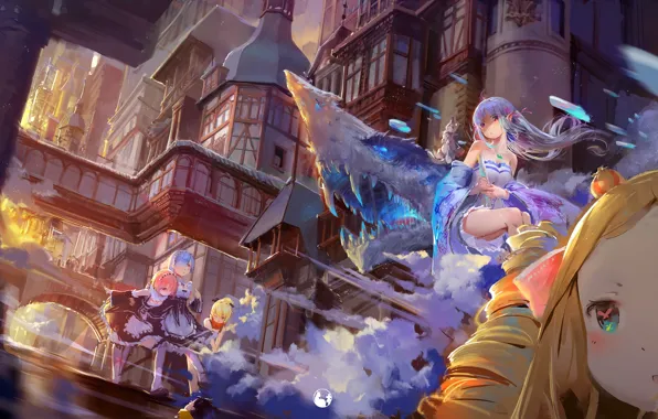 Город, дракон, сестры, Emilia, Ram, Beatrice, горничные, Rem
