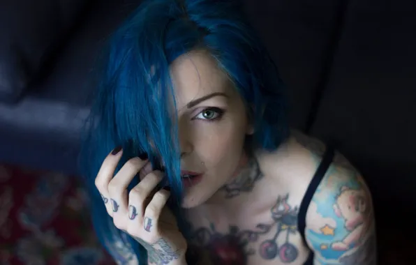 Девушка, модель, татуировки, синие волосы, Tatoo, suicide girls, Riae