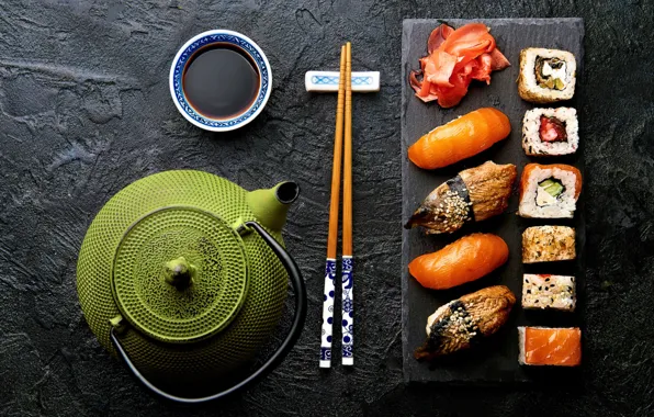 Картинка чайник, соус, суши, роллы