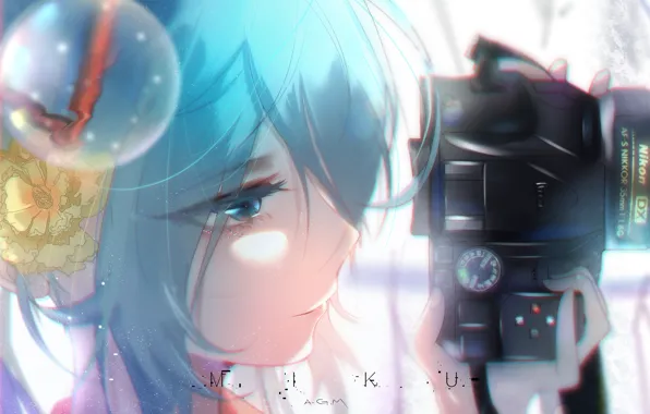Цветок, девушка, камера, Hatsune Miku, Vocaloid