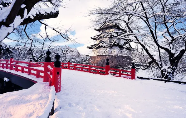 Зима, снег, деревья, город, Япония, мостик, Хиросаки, © Glenn E Waters Photography