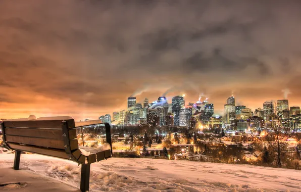 Картинка ночь, город, скамья, Calgary