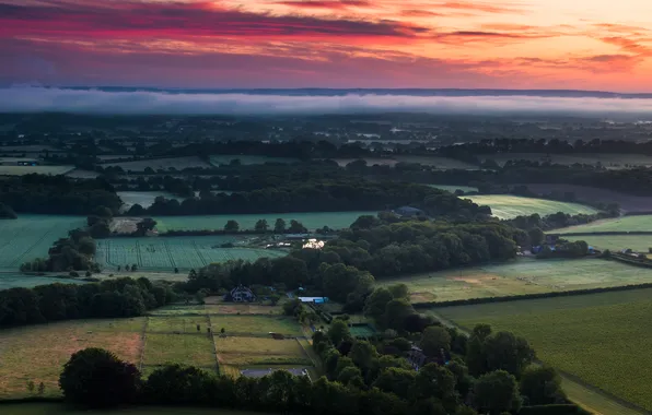 Деревья, закат, поля, домики, England, Sussex, Ed Weatherby