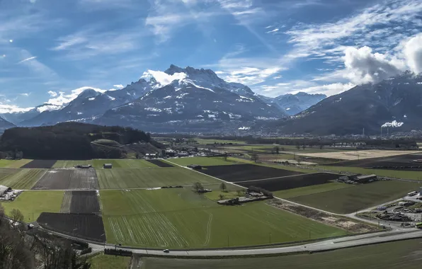 Горы, поля, Швейцария, Switzerland, panorama