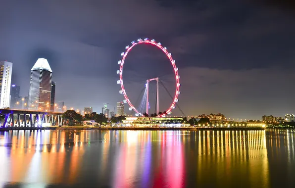 Вода, ночь, огни, отражение, Сингапур, колесо обозрения