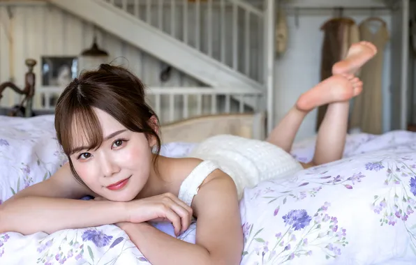 Beautiful, Asian, Model, Water, Smile, Bed, Woman, Lying Down